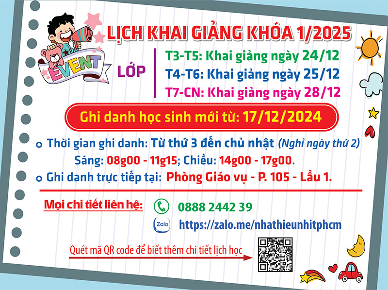 Lịch khai giảng khóa 01.2025 Lớp năng khiếu Nhà Thiếu nhi Tp. Hồ Chí Minh