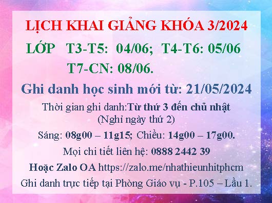 Lịch khai giảng khóa 03.2024 Lớp năng khiếu Nhà Thiếu nhi Tp. Hồ Chí Minh