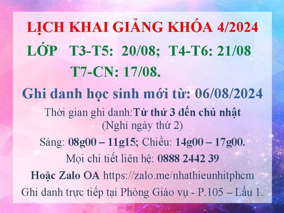 Lịch khai giảng khóa 04.2024 Lớp năng khiếu Nhà Thiếu nhi Tp. Hồ Chí Minh
