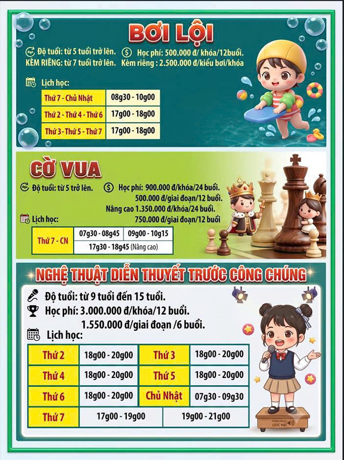 Lịch khai giảng khóa 04.2026 Lớp năng khiếu Nhà Thiếu nhi Tp. Hồ Chí Minh cơ sở 2