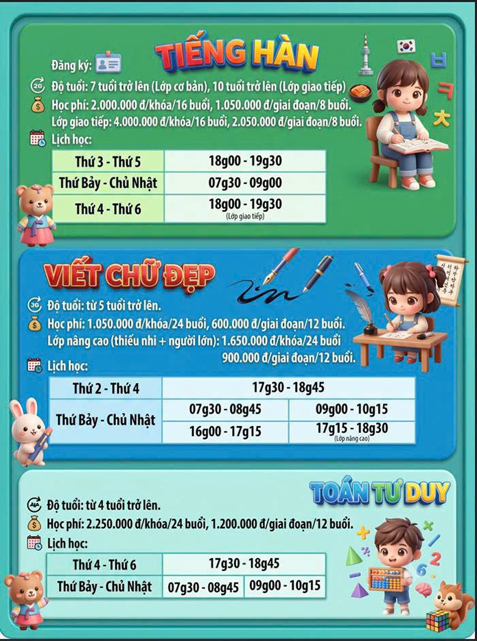 Lịch khai giảng khóa 04.2026 Lớp năng khiếu Nhà Thiếu nhi Tp. Hồ Chí Minh cơ sở 2