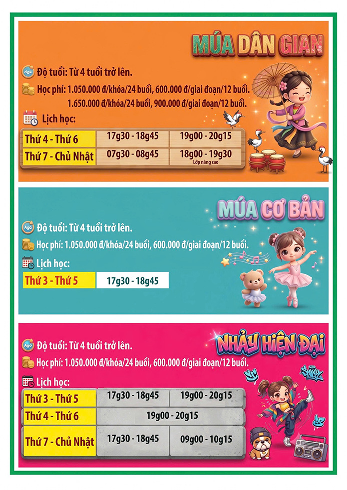 Lịch khai giảng khóa 04.2026 Lớp năng khiếu Nhà Thiếu nhi Tp. Hồ Chí Minh cơ sở 2