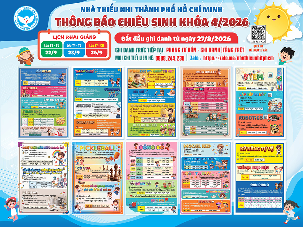 Lịch khai giảng khóa 04.2026 Lớp năng khiếu Nhà Thiếu nhi Tp. Hồ Chí Minh