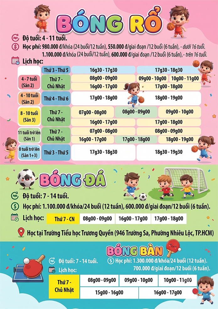 Lịch khai giảng khóa 04.2026 Lớp năng khiếu Nhà Thiếu nhi Tp. Hồ Chí Minh