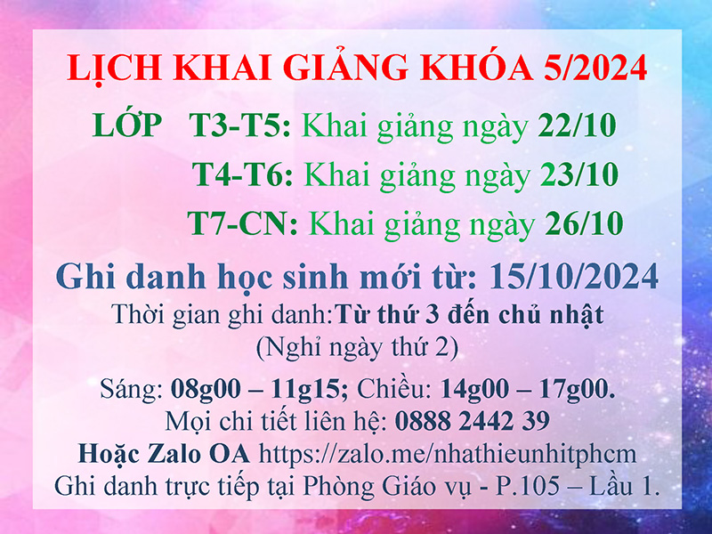 Lịch khai giảng khóa 05.2024 Lớp năng khiếu Nhà Thiếu nhi Tp. Hồ Chí Minh