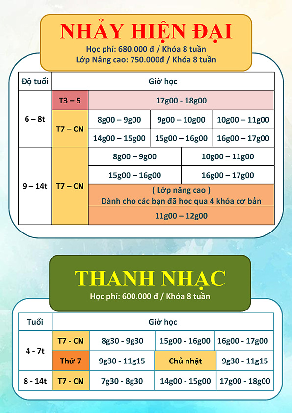 Lịch khai giảng khóa 05.2024 Lớp năng khiếu Nhà Thiếu nhi Tp. Hồ Chí Minh