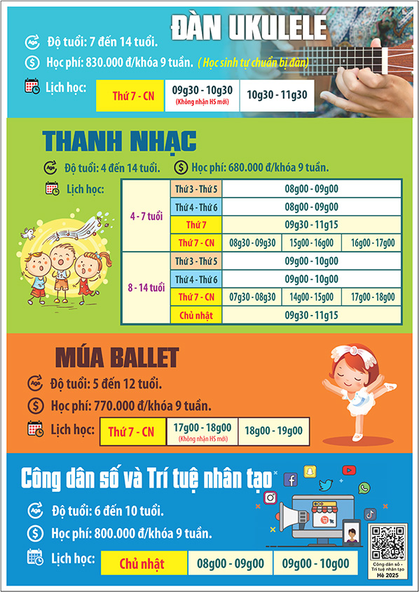 Lịch khai giảng khóa Hè 2025 Lớp năng khiếu Nhà Thiếu nhi Tp. Hồ Chí Minh