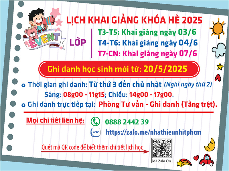 Lịch khai giảng khóa Hè 2025 Lớp năng khiếu Nhà Thiếu nhi Tp. Hồ Chí Minh